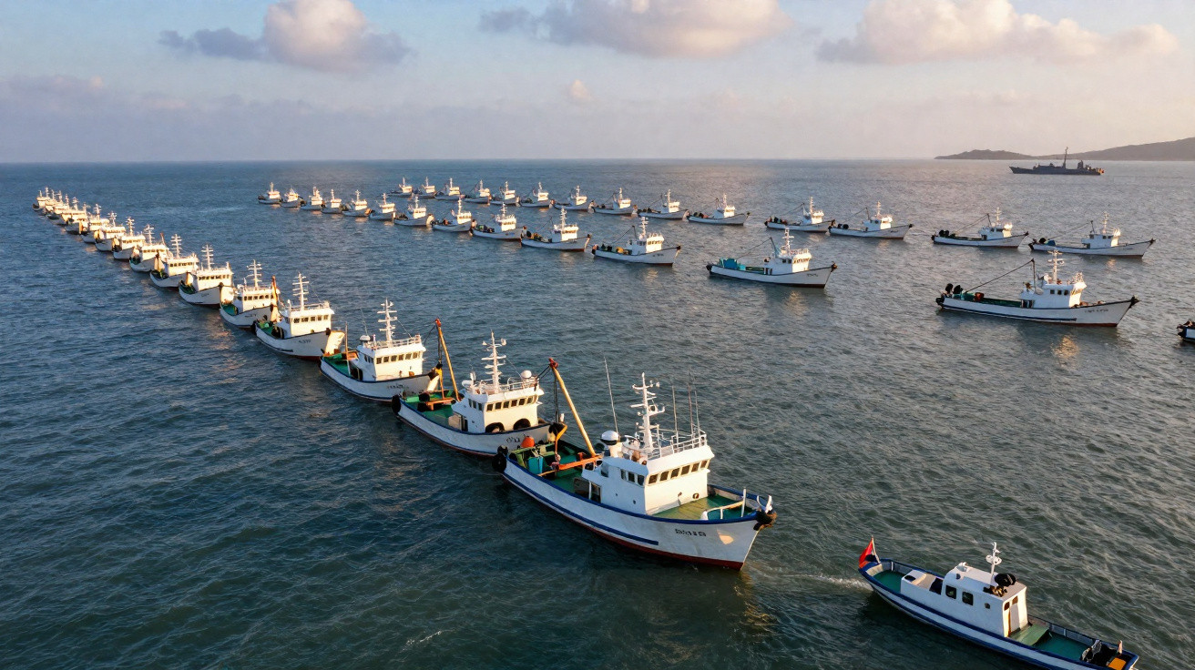 Frota de barcos de pesca alinhados no mar ao pôr do sol, com céu parcialmente nublado.