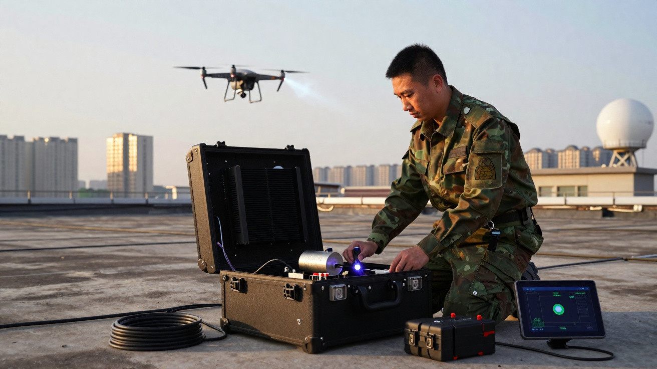 Militar em uniforme camuflado opera equipamento tecnológico em mala robusta num terraço, com drone a voar ao fundo.