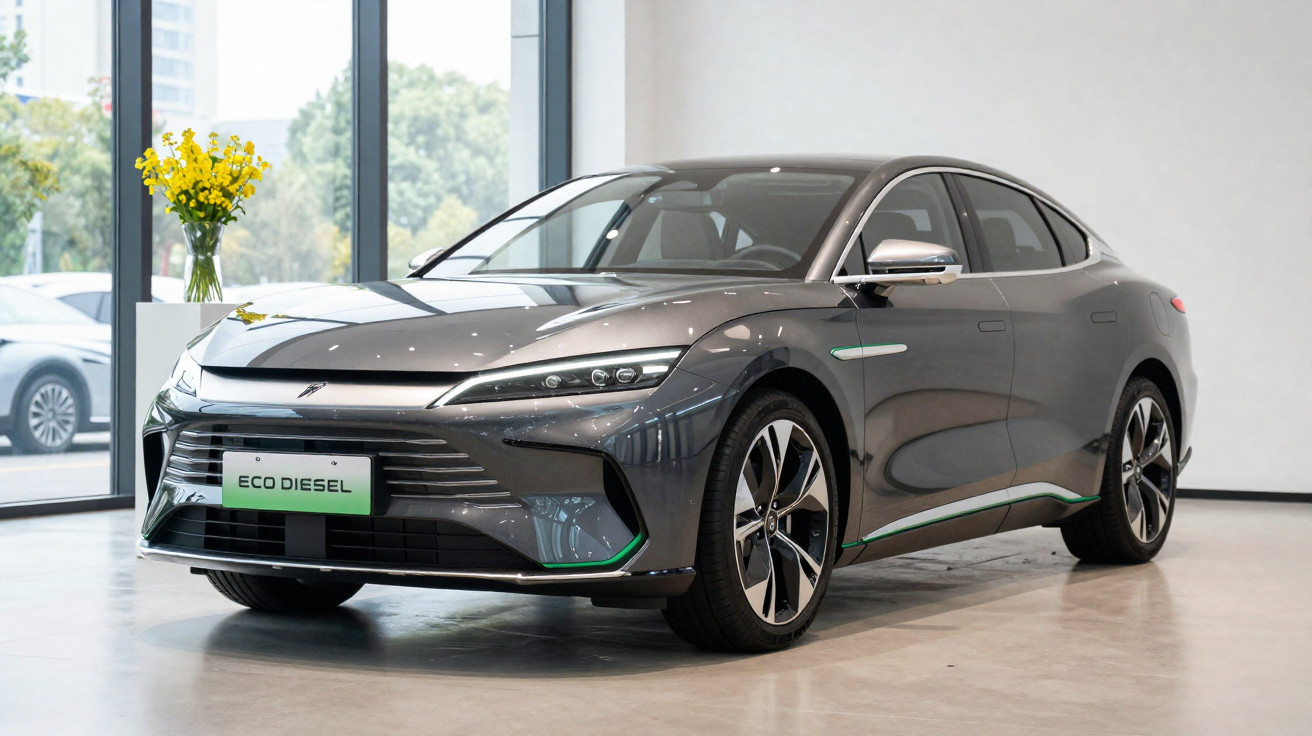 Carro cinza moderno Eco Diesel estacionado em exposição com janelas e flores ao fundo.