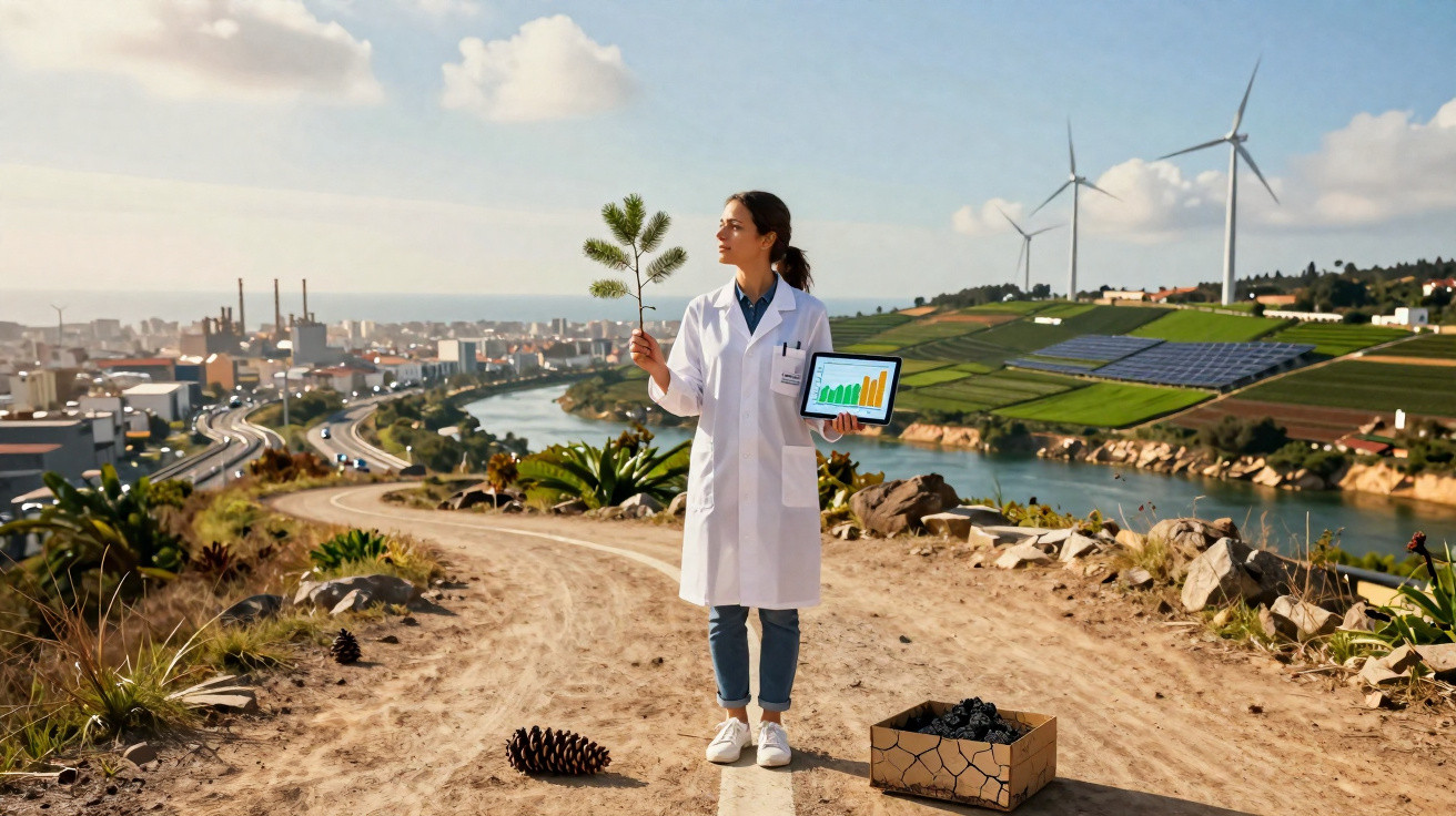 Cientista com bata branca segura planta e tablet numa estrada com turbinas e painéis solares ao fundo.