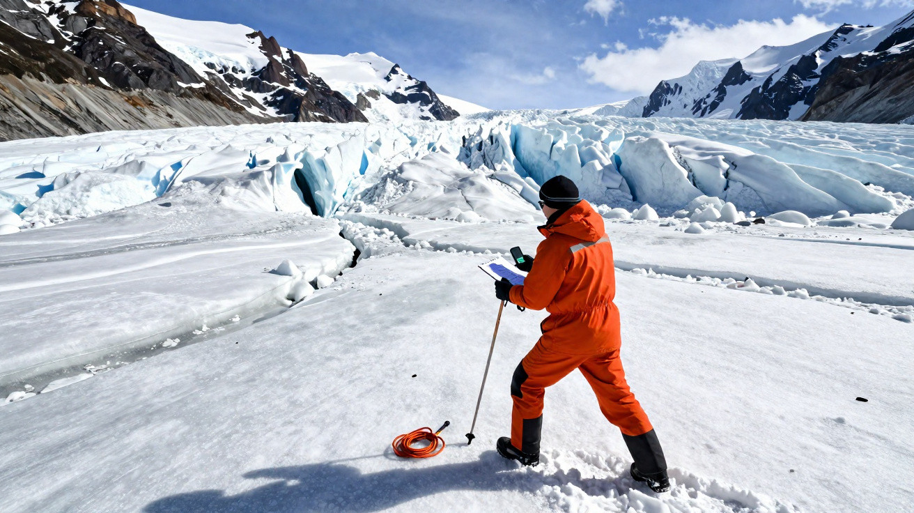 Investigador em fato laranja mede gelo num glaciar com montanhas e céu azul nublado ao fundo.