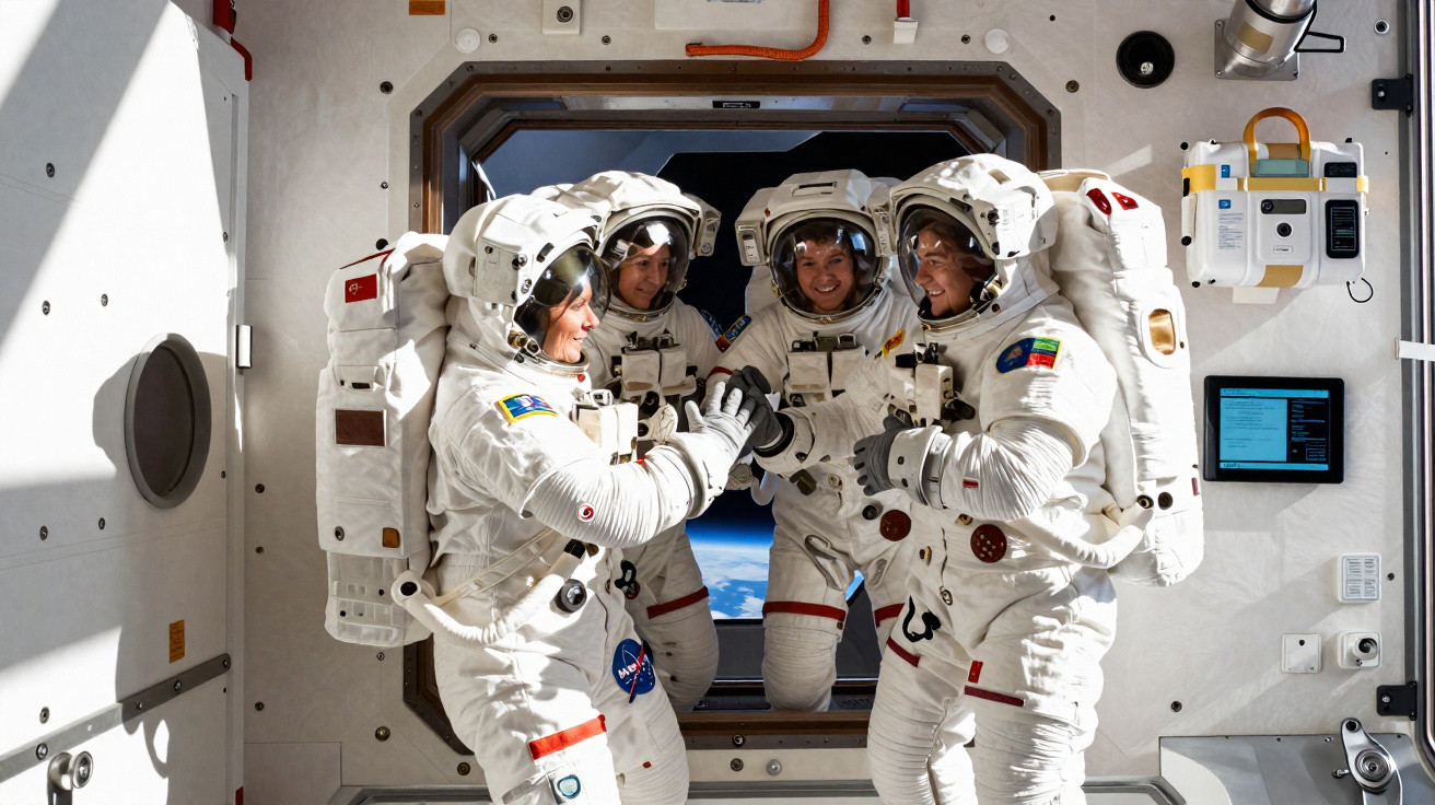 Quatro astronautas em fatos espaciais dentro de uma nave espacial com vista para a Terra através da janela.