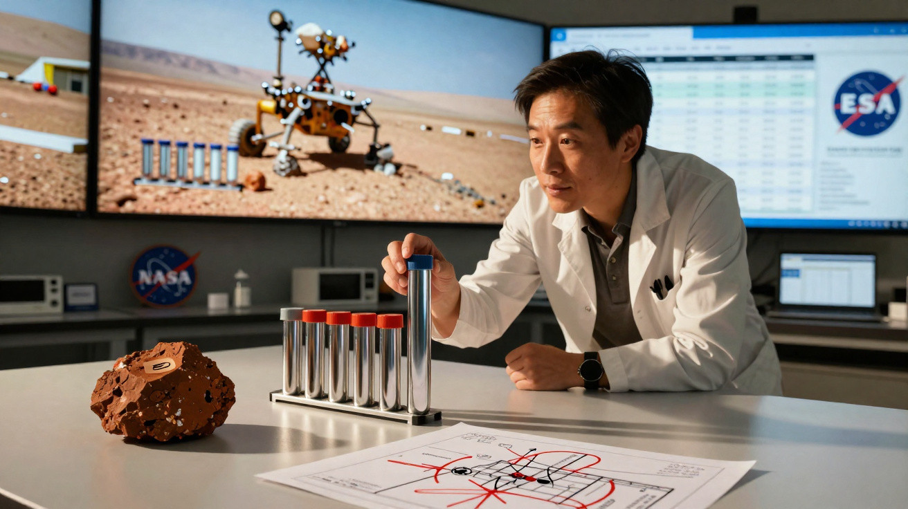 Cientista analisa tubos de ensaio em laboratório com imagens da NASA e ESA sobre exploração espacial ao fundo.