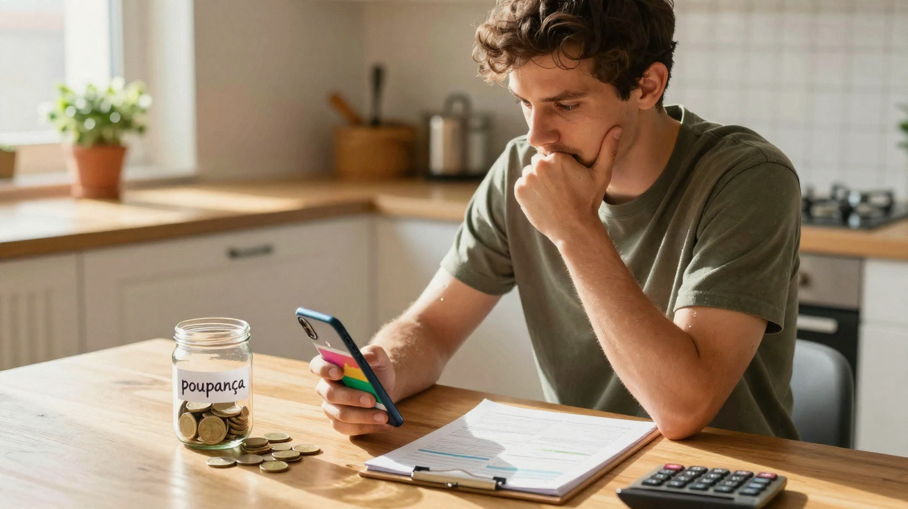 Homem jovem a analisar finanças no telemóvel com cofre de moedas, calculadora e documentos na mesa da cozinha.