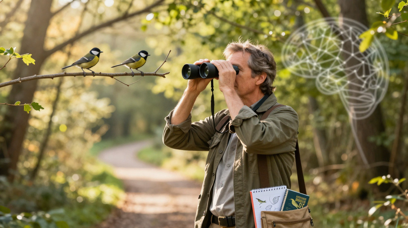Homem observa pássaros com binóculos numa floresta, segurando caderno e guia de aves.