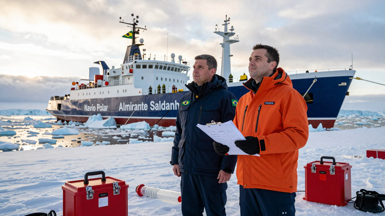 Dois cientistas em fato térmico junto ao navio Almirante Saldanha em ambiente gelado com gelo e neve.
