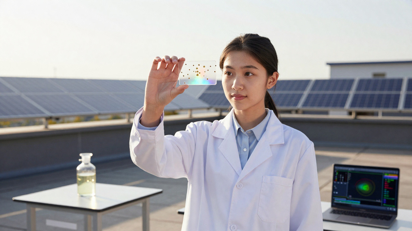 Mulher científica com bata branca analisa placa transparente no telhado com painéis solares e laptop.