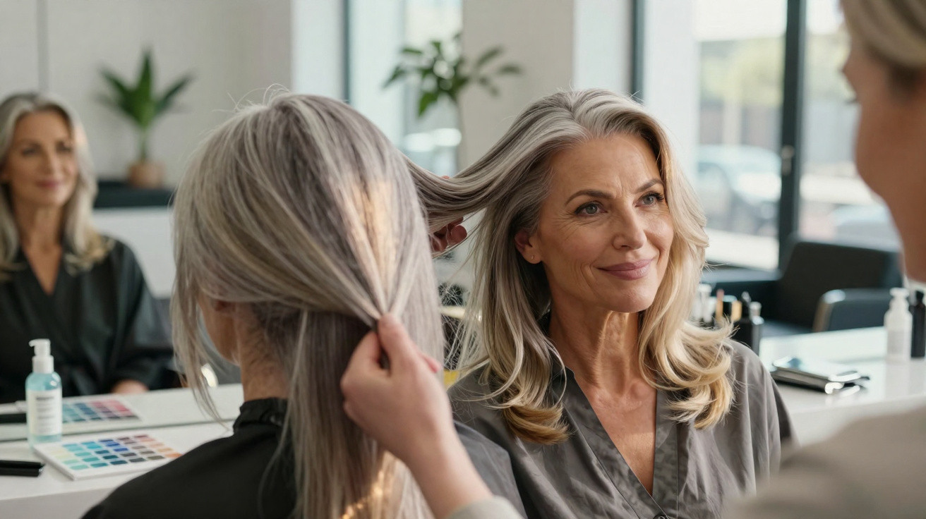Mulher madura num salão de beleza a olhar o seu cabelo prateado com satisfação no espelho.