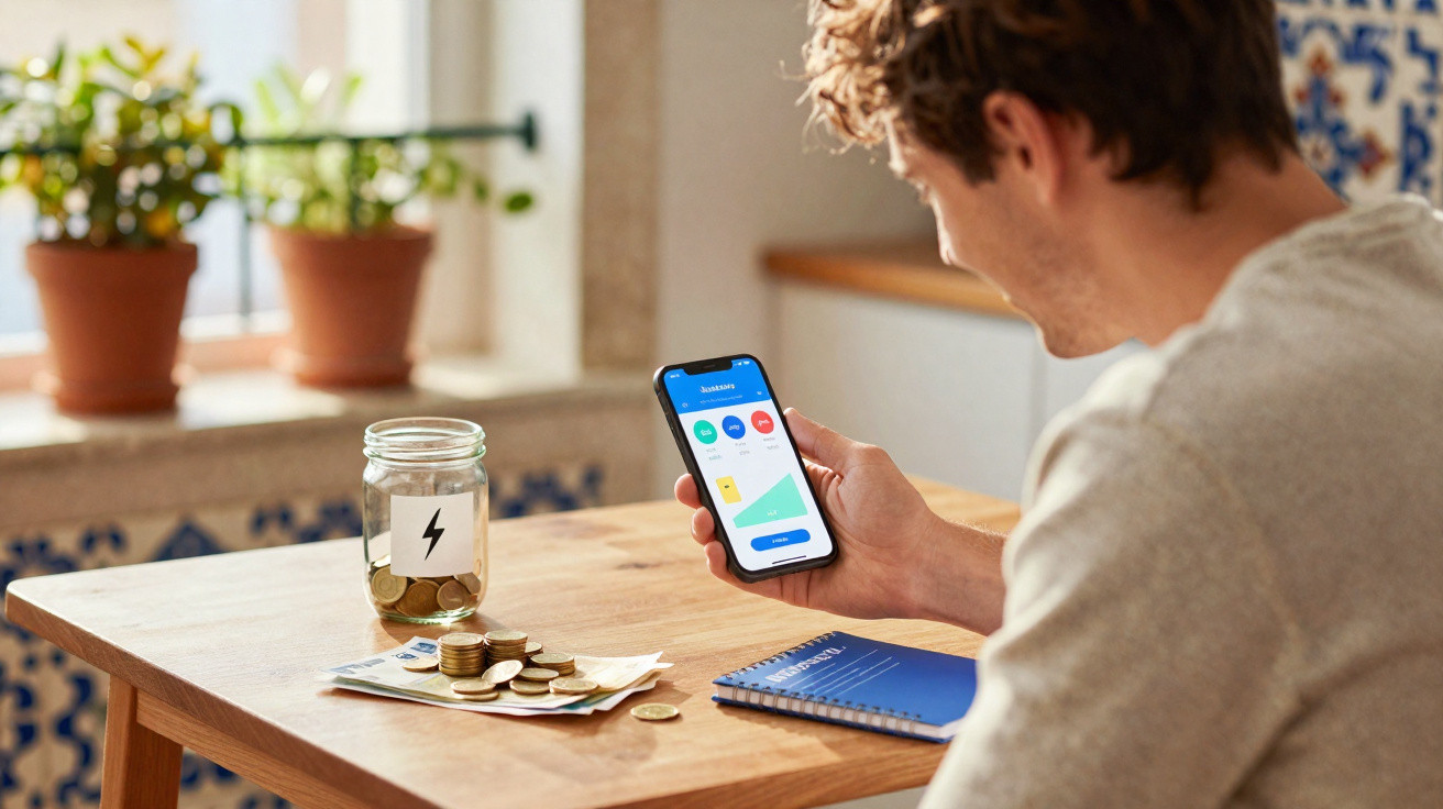 Homem a consultar aplicação financeira num telemóvel com moedas e caderno numa mesa de madeira.