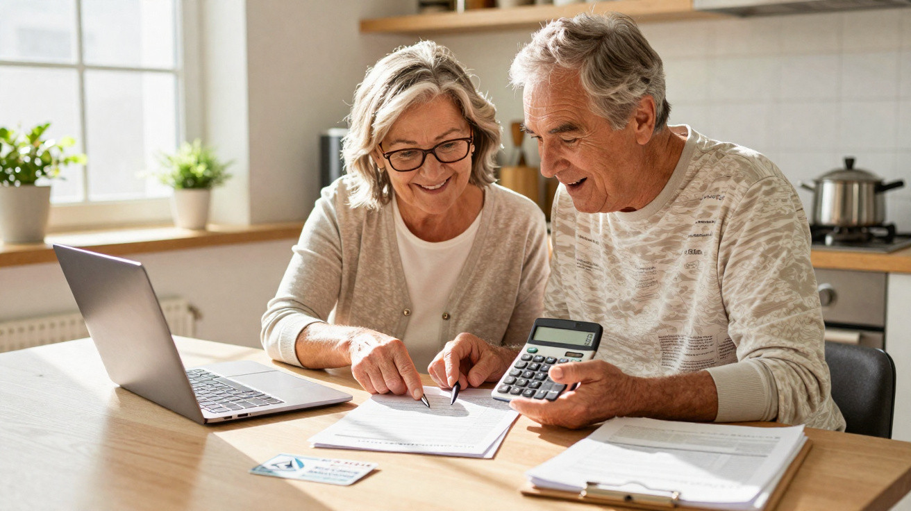 Casal sénior a calcular contas e planear finanças com calculadora, documentos e portátil numa cozinha iluminada.