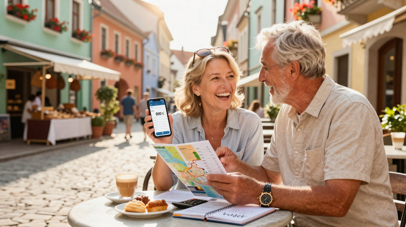 Casal sénior feliz planeia viagem ao ar livre com mapa, telemóvel e café numa rua pitoresca.