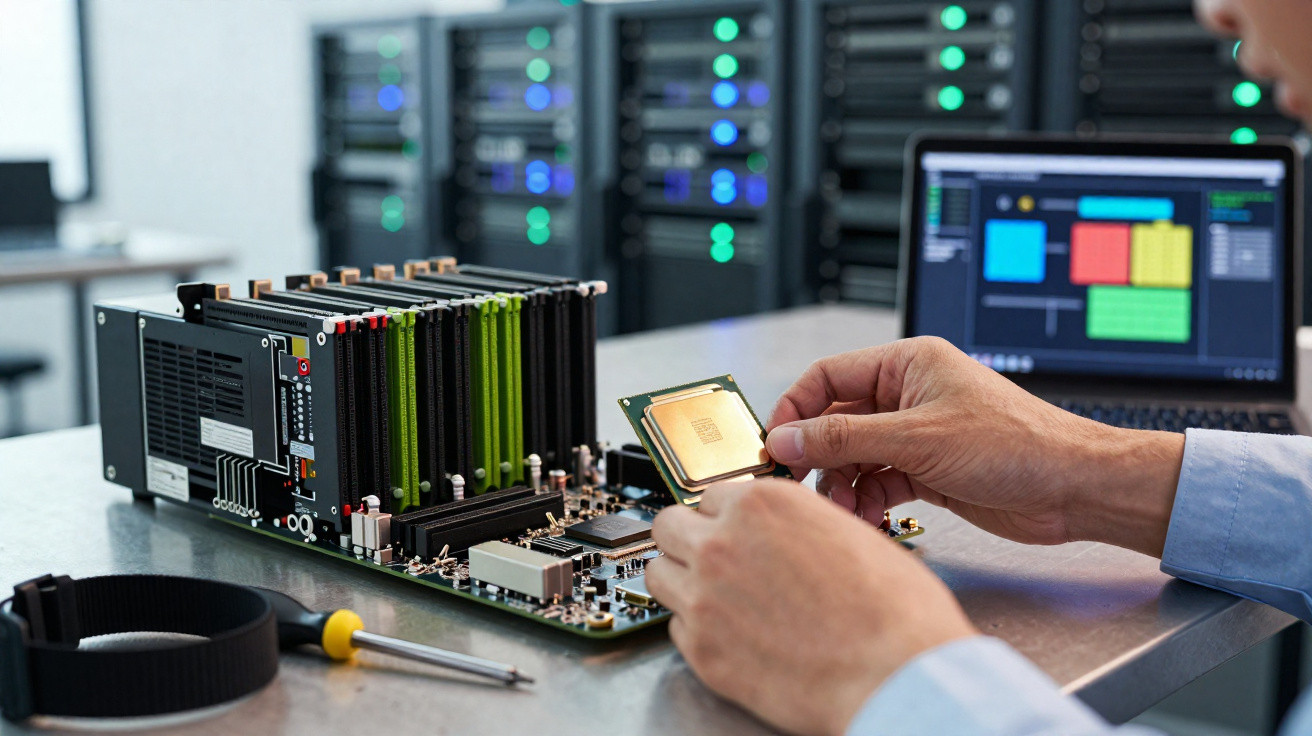 Pessoa a instalar um processador numa placa-mãe com servidores ao fundo e computador portátil com gráficos.