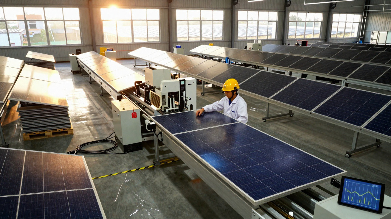 Homem com capacete a inspecionar painéis solares numa fábrica iluminada pela luz natural.