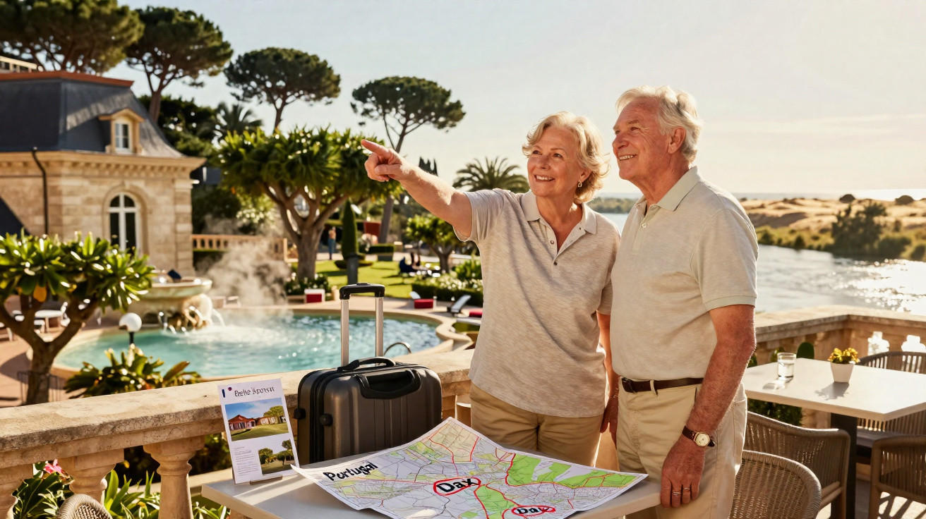 Casal sénior em férias, olhando para a paisagem num resort com piscina e mar ao fundo.
