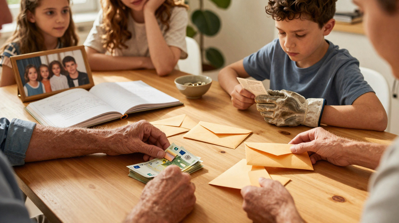 Crianças e adultos sentados à mesa com envelopes, dinheiro, e fotos de família numa interação caseira.