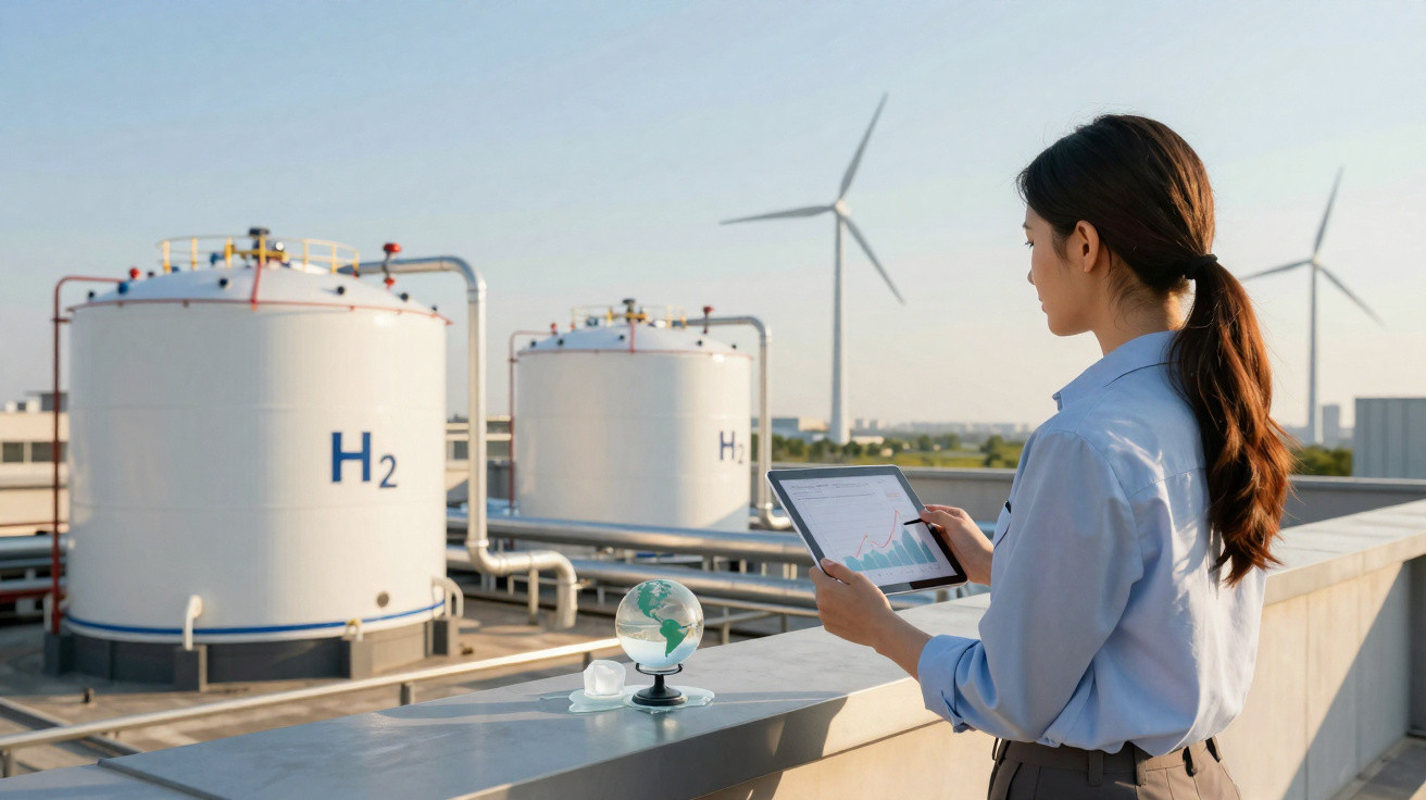Mulher com tablet observa tanques de hidrogénio e turbinas eólicas em instalação de energia limpa.
