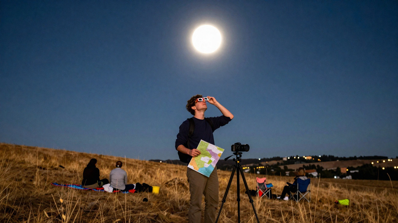 Pessoa em campo seco observa o céu noturno com lua cheia, segurando mapa e usando óculos especiais.