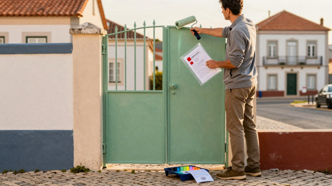 Homem a pintar um portão metálico verde com um rolo e segurando um papel numa rua residencial.